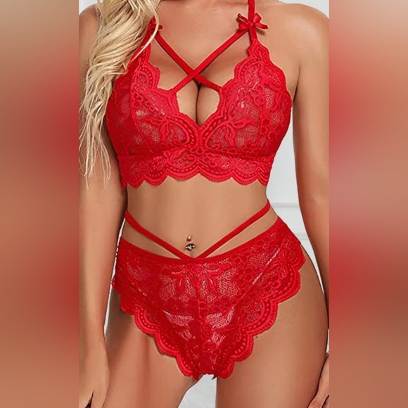 Sheer Sexy Red Lingerie Lace Babydoll Strap Chemise Teddy V Neck Sleepwear - Picture 1 of 4